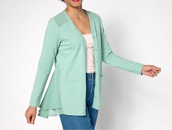 LOGO by Lori Goldstein Tops - Logo Lori Goldstein PS Mint Green Knit Cardigan Clip Dot Trim A694674 NWOT